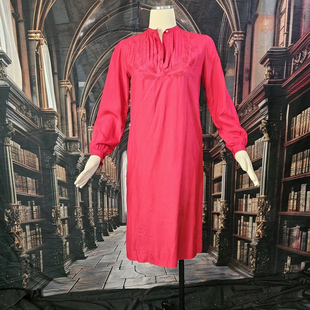 Vintage 1960's Dress Shift Mod Red Silk Pleated Embroidered Pearly Buttons